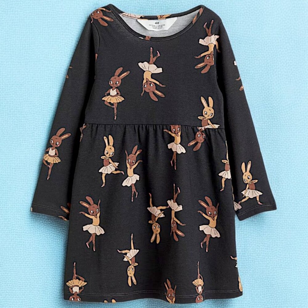 H&M Black Bunny Ballerinas FullSleeve dress 100% Cotton Airy and sting free NWT